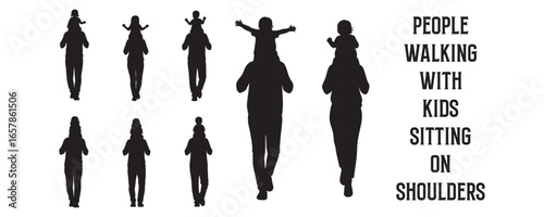 Architectural Drawings people walking with kids sitting on their shoulders silhouette vector illustration, front view, human person Minimal style hand drawn. Sections, Elevations, Floor Plans