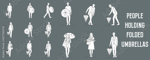 Architectural Drawings holding folded umbrellas by their side or tucked under arms vector illustration, front view, human person Minimal style hand drawn. Sections, Elevations, Floor Plans