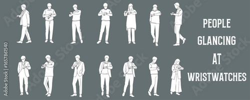 Architectural Drawings standing or walking people glancing at wristwatches vector illustration, front view, human person Minimal style hand drawn. Sections, Elevations, Floor Plans