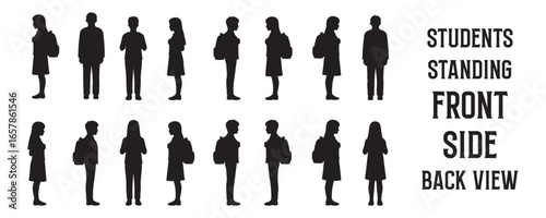 Architectural Drawings students standing, shown in front view, side view, and back view sihouette vector illustration, human person Minimal style hand drawn. Sections, Elevations, Floor Plans