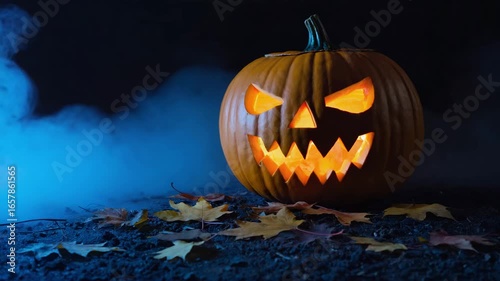 Illuminated Jack-o-Lantern with an Evil Grin Sits Amidst Fallen Leaves, Eerily Bathed in Blue Fog on a Dark Halloween Night.