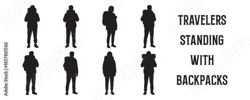 Architectural Drawings travelers or commuters standing with backpacks, hands in straps silhouette vector illustration, front view, human person Minimal style hand drawn.
