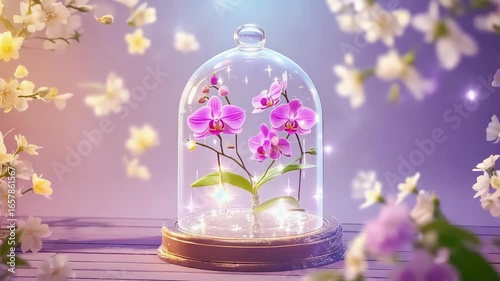 Glowing Pink Orchid Flowers Gracefully Preserved Under a Sparkling Glass Cloche on a Rustic Wooden Table Surrounded by Soft, Blurry White Blossoms.