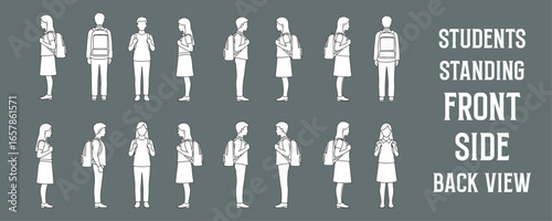 Architectural Drawings students standing, shown in front view, side view, and back view vector illustration, human person Minimal style hand drawn. Sections, Elevations, Floor Plans