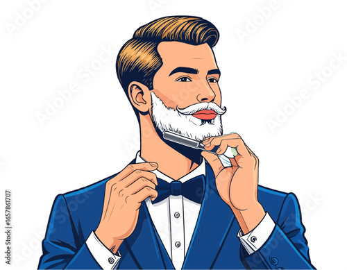 Illustrated handsome man with a white beard and mustache in a blue suit shaving his face with a straight razor, classic grooming and personal care on a white background.