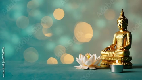 Serene Golden Buddha Meditates Beside a White Lotus Flower and Lit Candle Against a Soft Bokeh Background, Radiating Peace and Tranquility.