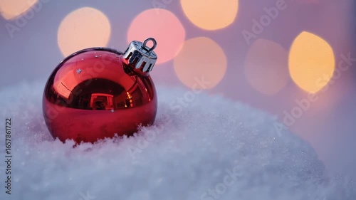 Crimson Christmas ball nestled in pristine, crystalline snow, reflecting soft ambient light from blurred, festive bokeh orbs in the wintry background.