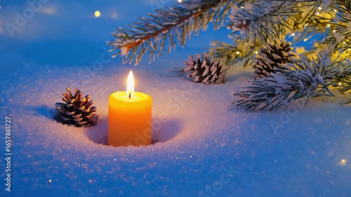 Candlelight Glows Beside Snowy Pinecone and Fir Branch, Casting Warmth on the Cold Winter Night with Twinkling Bokeh Lights.