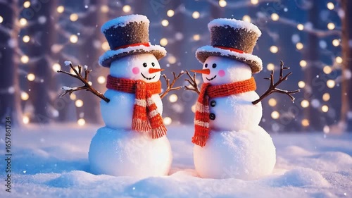 Two Cheerful Snowmen with Top Hats and Striped Scarves Stand in Snowy Winter Scene Illuminated by Soft Bokeh Lights.