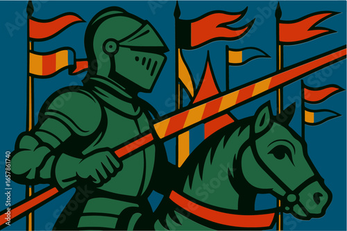 Knight in shining green armor riding a green horse with flags in the background, graphic vector illustration.