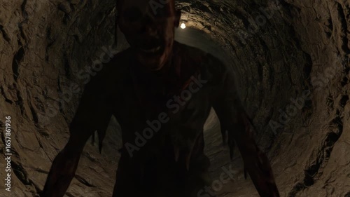 A menacing creature emerges from the dark depths of a decrepit tunnel, showcasing terror and suspense in a chilling, atmospheric descent into the unknown.