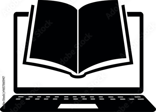 Open book icon superimposed on a laptop screen symbolizing digital learning online education and electronic literature access