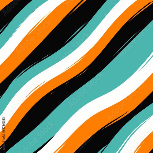 A vibrant abstract pattern with expressive wavy brushstrokes in a striking modern palette of black, orange, white, and teal, ideal for creative backgrounds.