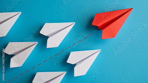 Stand out from the crowd with a red paper airplane leading the way to business success and innovation