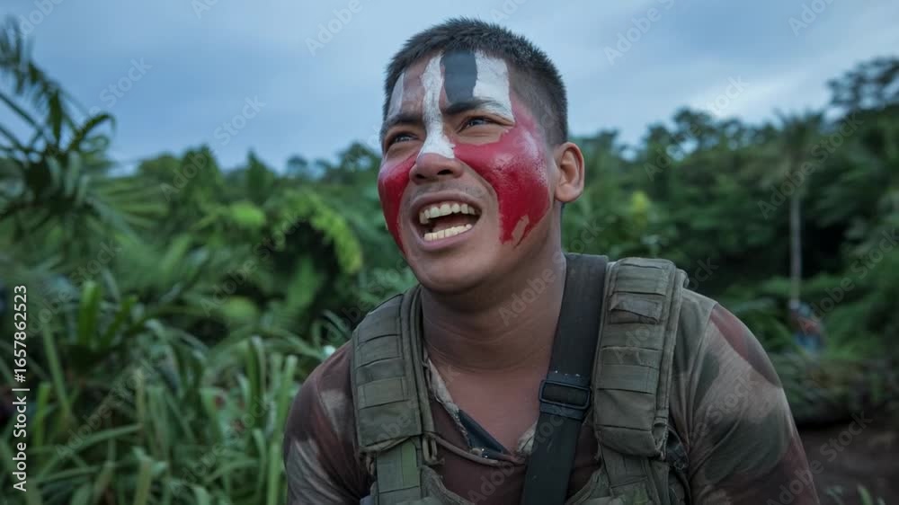 Man with face paint in jungle environment Stock Video | Adobe Stock