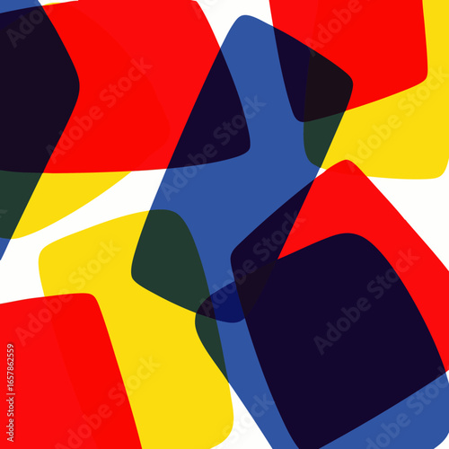 A vibrant abstract pattern featuring overlapping rounded geometric shapes in primary colors, creating dynamic translucent layers and a modern artistic background.