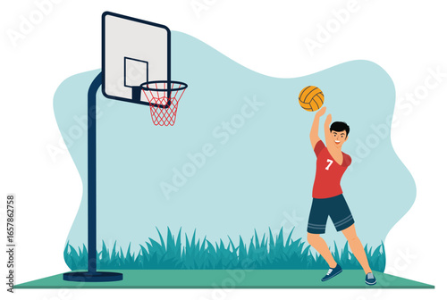 Basketball concept. A Boy Shooting a Basketball On an Outdoor Court.