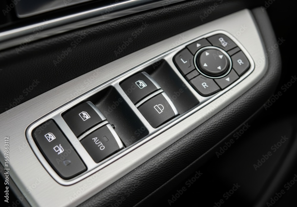 Obraz premium A detailed close-up of a car's modern door panel with controls for windows, locks, and side mirrors.