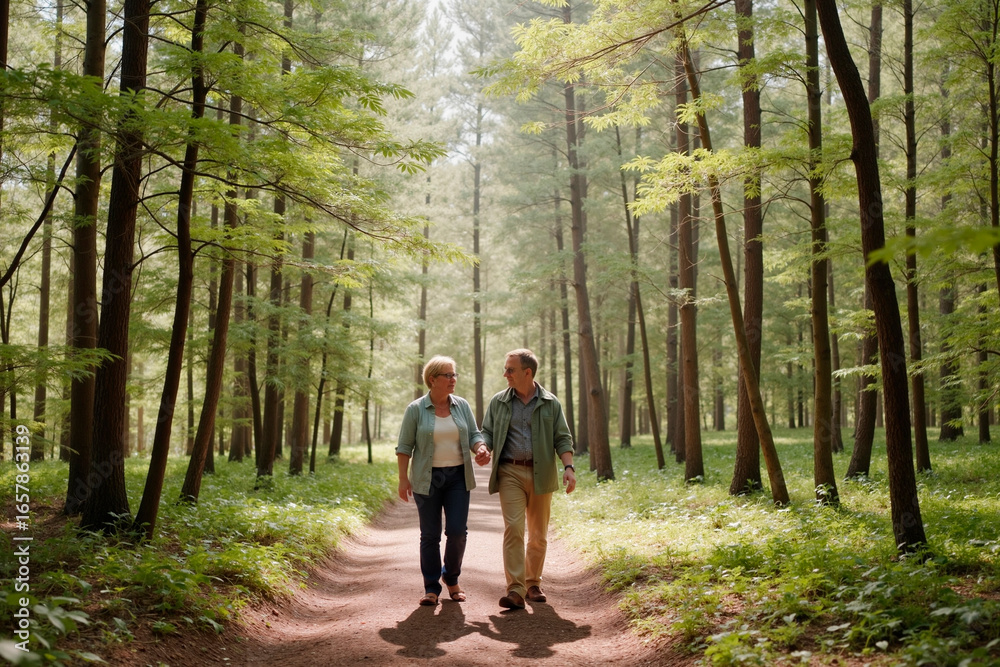 Fototapeta premium Senior Caucasian woman and senior Caucasian man walking together on forest path holding hands, both smiling and looking at each other, surrounded by tall green trees