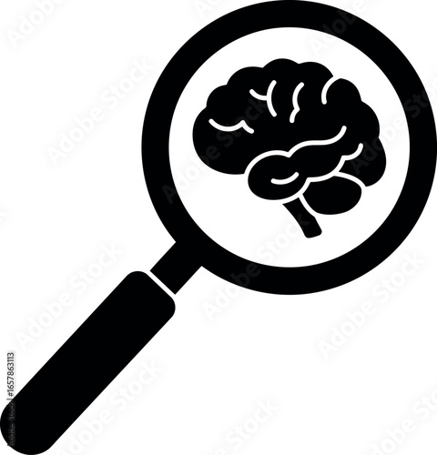 Magnifying glass focused on a detailed black and white illustration of a human brain symbolizing research and discovery