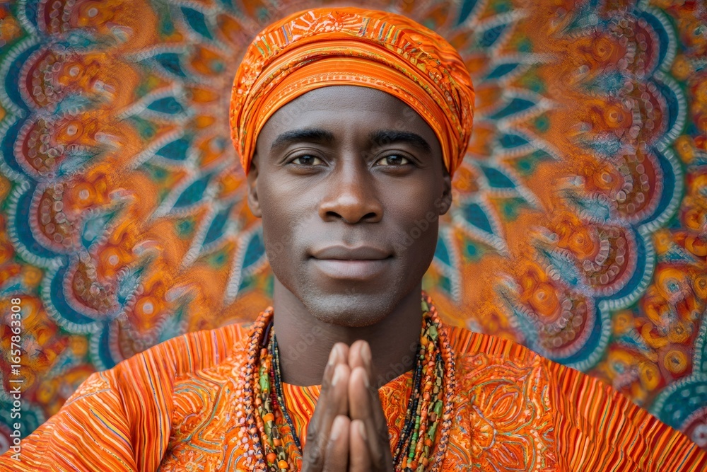 Obraz premium Babalorixa praying with hands together in front of colorful tapestry