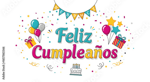 Cute Feliz Cumpleaños text greeting clipart with balloons hearts and party elements for birthday celebration graphics