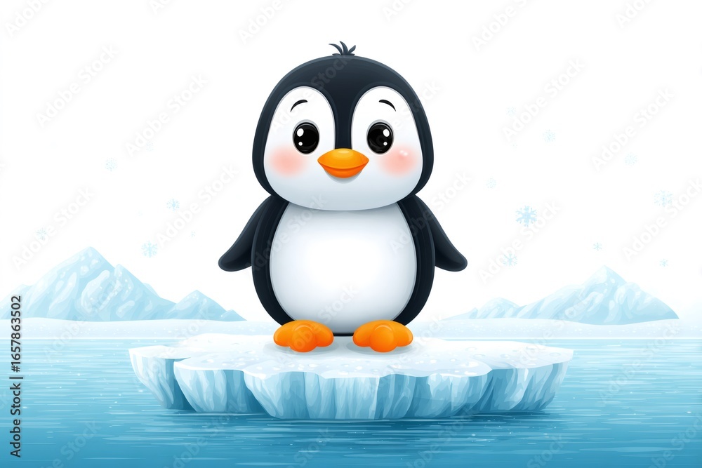 Fototapeta premium Cute cartoon penguin standing on ice floe in antarctica