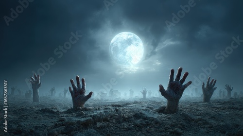 Bony pale hands of sexy woman vampire with sharp bloody red nails rising out from the ground,Halloween grave crosses,zombies at night,creepy hand coming out of the ground,halloween concept.