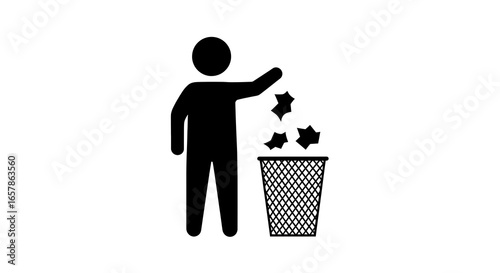 Silhouette of a person throwing trash into a waste bin