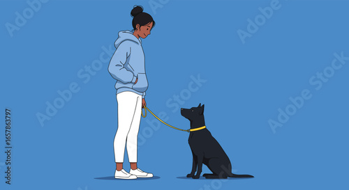 A woman is walking her dog on a leash in a park, enjoying the sunny day and the companionship of her pet, creating a heartwarming scene of friendship and love