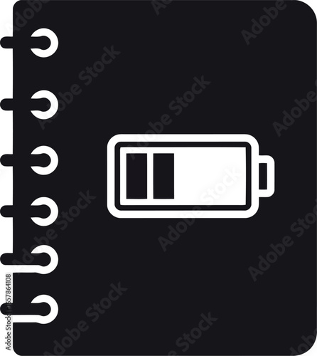 Black notebook with a white battery icon indicating low power or energy level on its cover symbolizing depleted productivity or ideas