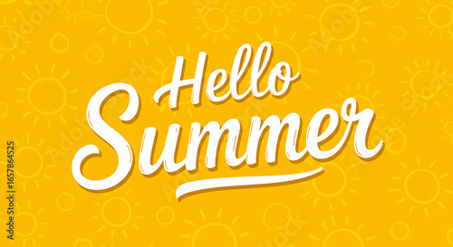 Hello summer handwritten text on a textured yellow background