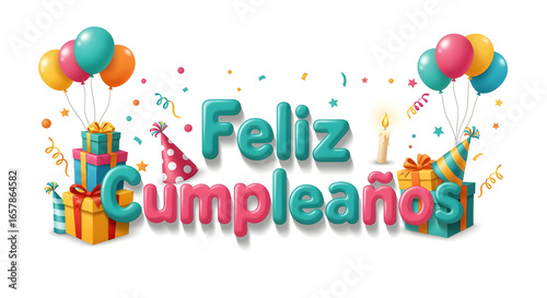 Feliz Cumpleaños sticker text greeting with balloons confetti and festive clipart design for birthday celebration joy