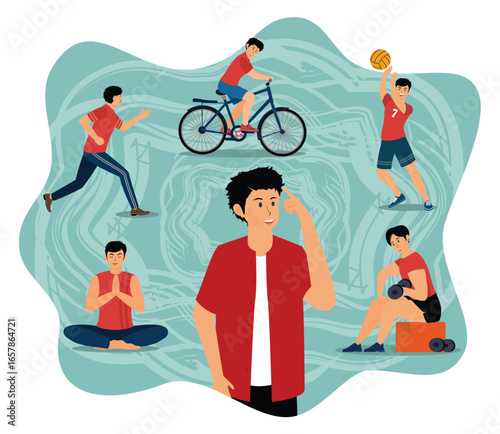 Young Man Engaging in Various Healthy Lifestyle Activities.
