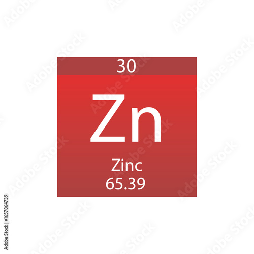 Zn Zinc Transition metal Chemical Element Periodic Table. Simple flat square vector illustration, simple clean style Icon with molar mass and atomic number for Lab, science or chemistry class.