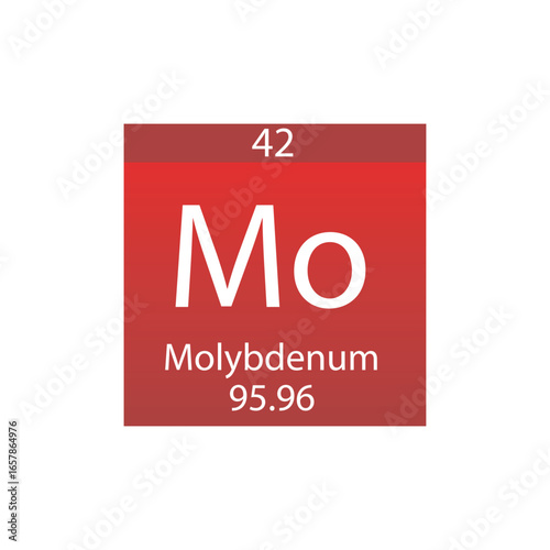 Mo Molybdenum Transition metal Chemical Element Periodic Table. Simple flat square vector illustration, simple clean style Icon with molar mass and atomic number for Lab, science or chemistry class.