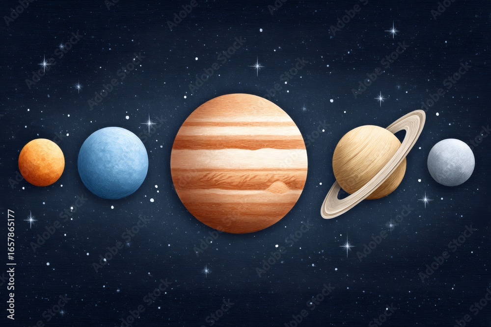 Fototapeta premium Planets aligned in space, jupiter and saturn with other planets and moons, astronomy educational illustration