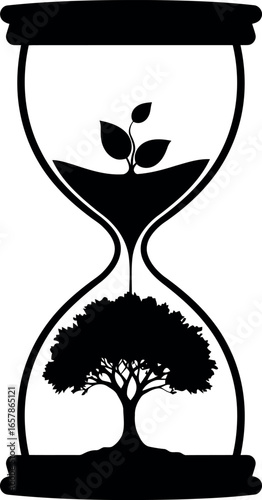 Hourglass symbolizing the passage of time with a seedling growing at the top and a mature tree at the bottom