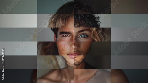 Fragmented collage of portraits of people loopable animation, diversity concept, men and women looking into camera, front view