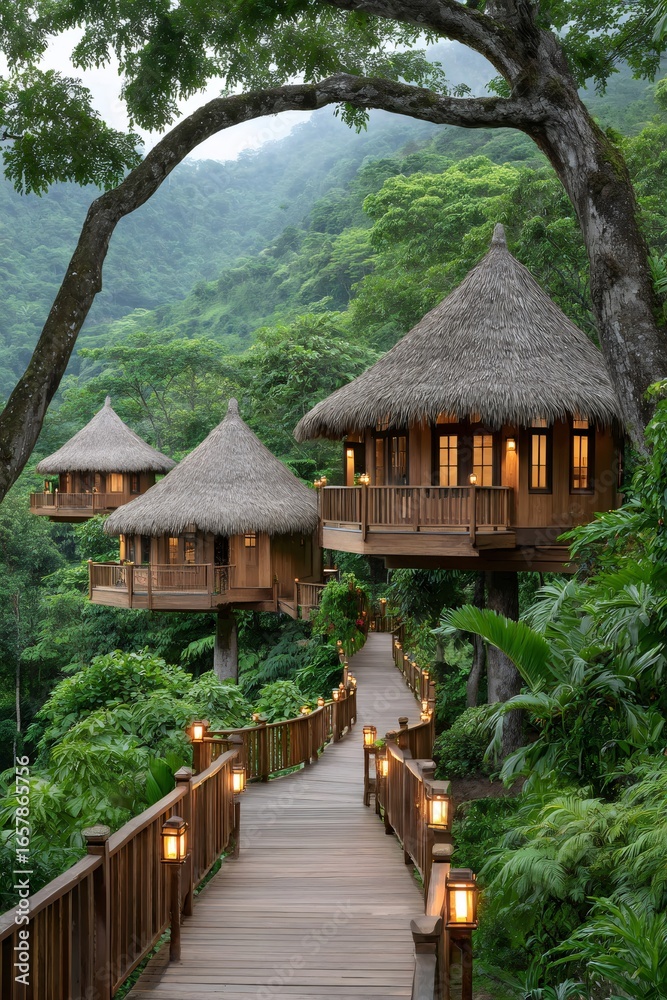 Wooden walkway leading to tree houses in tropical rainforest Wooden walkway leading to tree houses in tropical rainforest