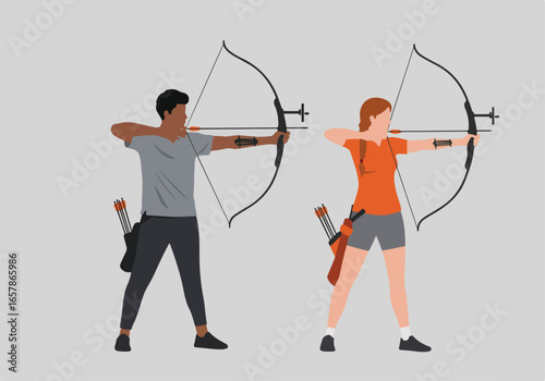 Two people practice archery, aiming targets in background; for competition or sport