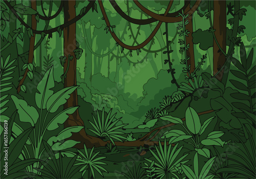 Vivid jungle greenery background. Lush flora and vegetation in dense forest. Use wallpaper