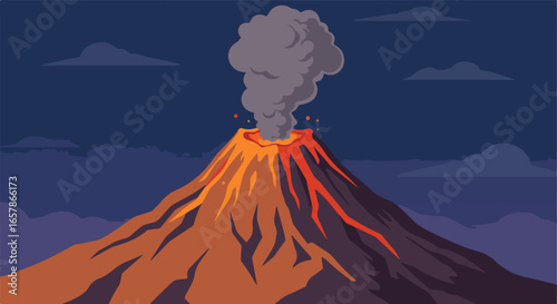 Volcano erupts spewing smoke; dark skies indicate nighttime. Disaster prepping
