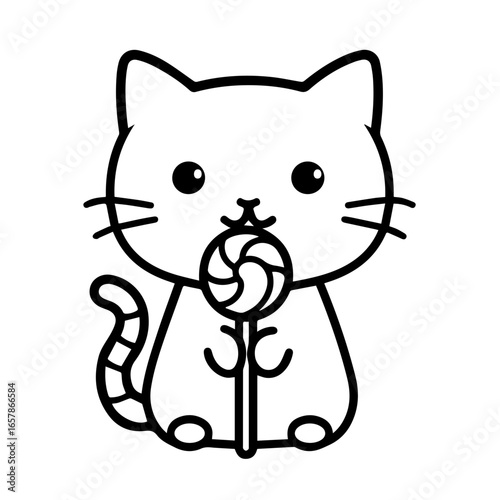 Cute black vector of a cat holding a lollipop, playful and cheerful illustration suitable for various designs and projects