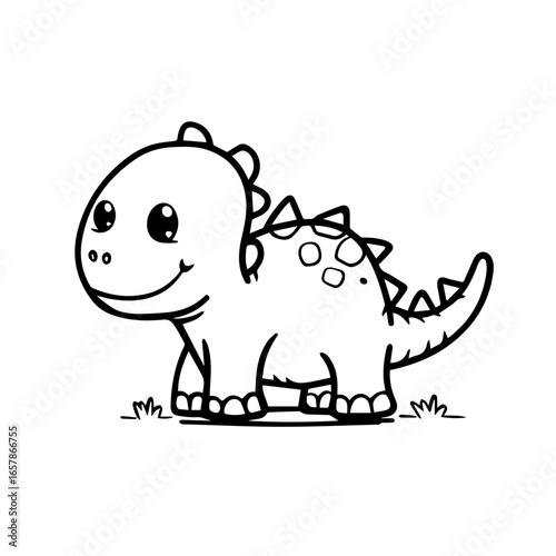 Cute cartoon dinosaur character with friendly expression and spiky back standing among grass in a playful setting suitable for children