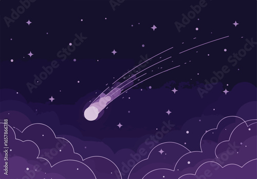 Graphic comet streaking across starry sky over clouds illustration, for wallpaper