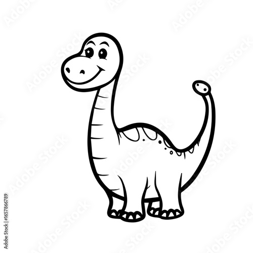 A cartoon dinosaur character stands cheerfully, featuring a long neck and a friendly smile