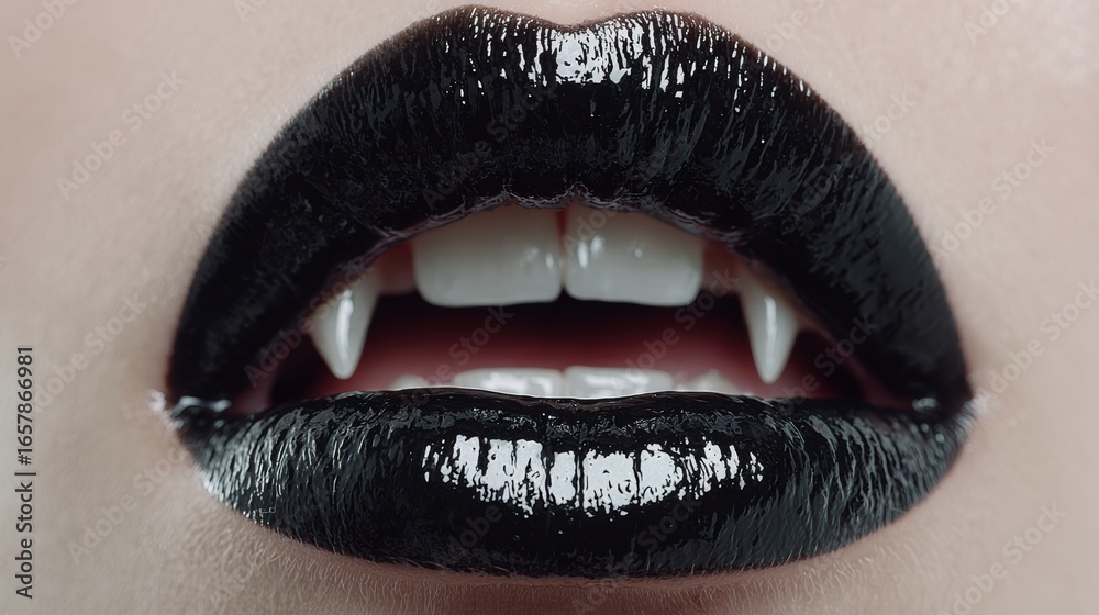 Fototapeta premium Sexy Vampire Woman lips with blood,Dripping blood on mouth, witches or beast creatures,female lips with fangs,horror holiday monsters,Vampire makeup Fashion Art design,Halloween banner background.