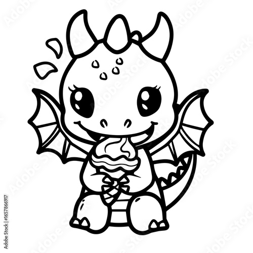 Cute dragon enjoying an ice cream treat in a playful and whimsical manner during a sunny afternoon