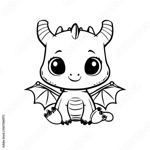 Cute cartoon dragon character with big eyes and small wings sitting happily, perfect for children's illustrations and designs